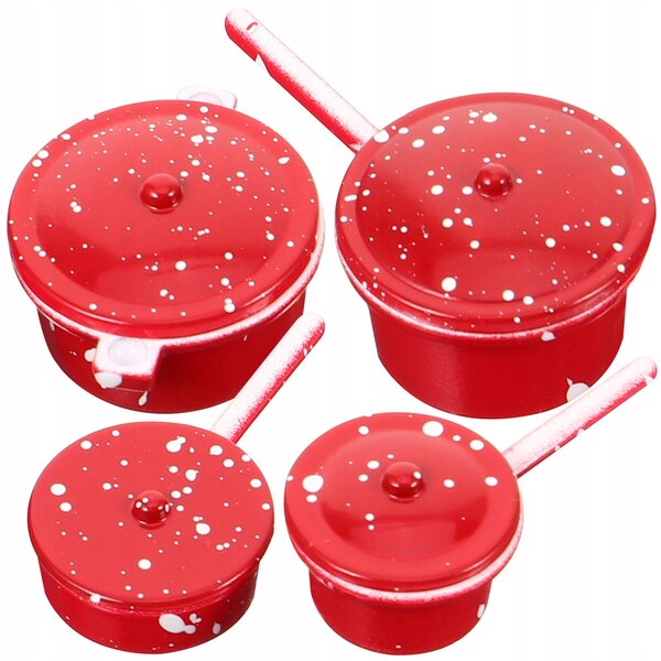 Set 4 Mini Pentole Metalliche Rosse per Casa delle Bambole e Decorazioni