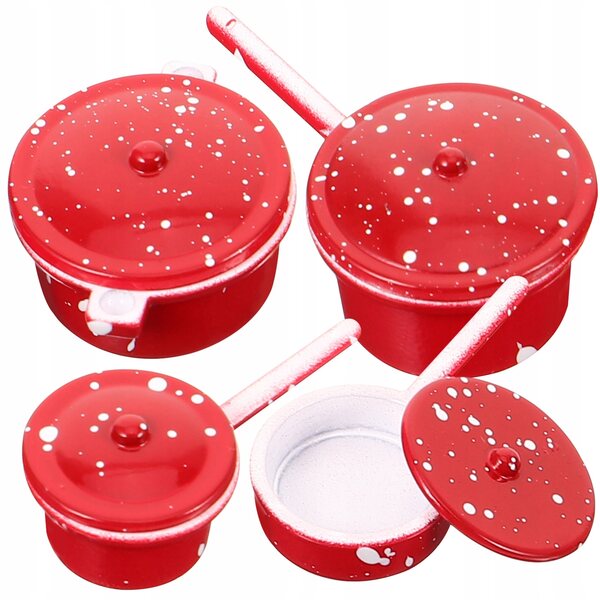 Set 4 Mini Pentole Metalliche Rosse per Casa delle Bambole e Decorazioni