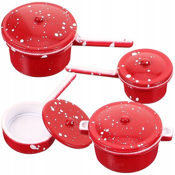 Set 4 Mini Pentole Metalliche Rosse per Casa delle Bambole e Decorazioni