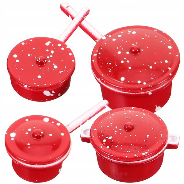 Set 4 Mini Pentole Metalliche Rosse per Casa delle Bambole e Decorazioni