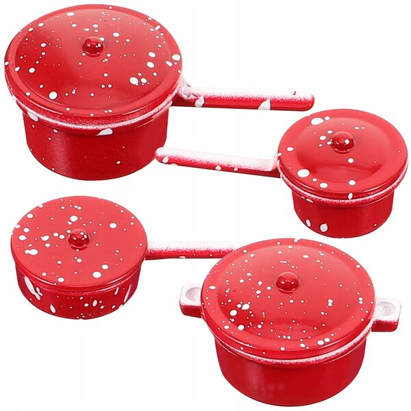 Set 4 Mini Pentole Metalliche Rosse per Casa delle Bambole e Decorazioni