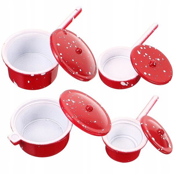 Set 4 Mini Pentole Metalliche Rosse per Casa delle Bambole e Decorazioni