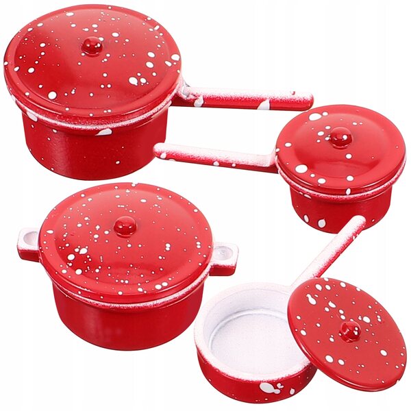 Set 4 Mini Pentole Metalliche Rosse per Casa delle Bambole e Decorazioni