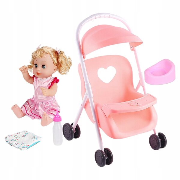 Set für den ersten Spaziergang mit einer 12 Zoll großen rosa Babypuppe und einem Kinderwagen