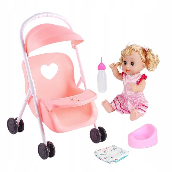 Set Prima Passeggiata con Bambola Baby Doll e Carrozzina Rosa 12 pollici