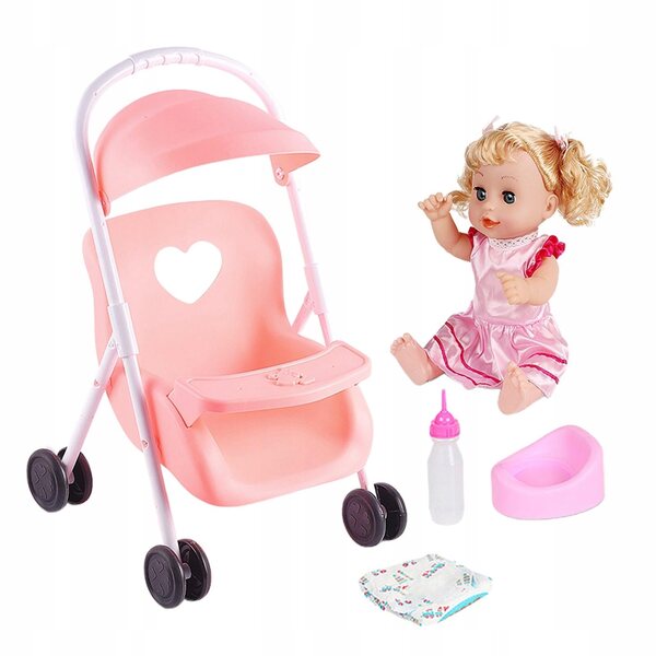 Set Prima Passeggiata con Bambola Baby Doll e Carrozzina Rosa 12 pollici