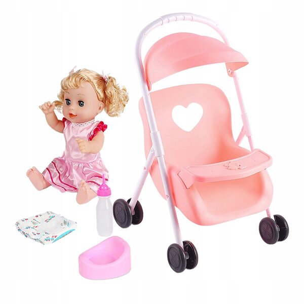 Set Prima Passeggiata con Bambola Baby Doll e Carrozzina Rosa 12 pollici