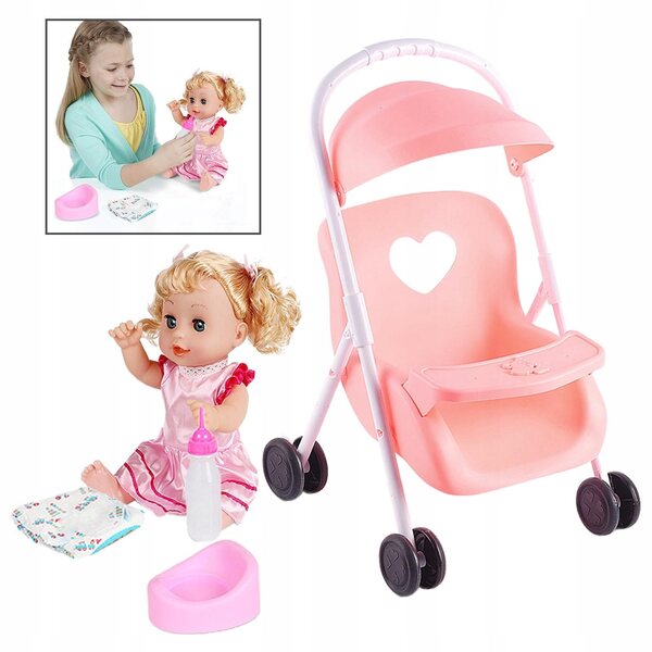 Set Prima Passeggiata con Bambola Baby Doll e Carrozzina Rosa 12 pollici