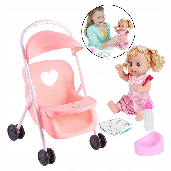 Set Prima Passeggiata con Bambola Baby Doll e Carrozzina Rosa 12 pollici