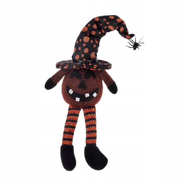Dekorative Kürbispuppe mit Hexenhut und lächelnder Lampe für Halloween