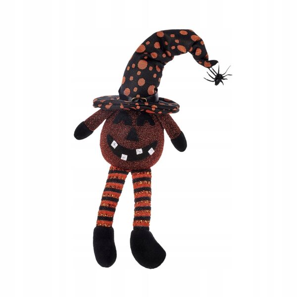 Dekorative Kürbispuppe mit Hexenhut und lächelnder Lampe für Halloween