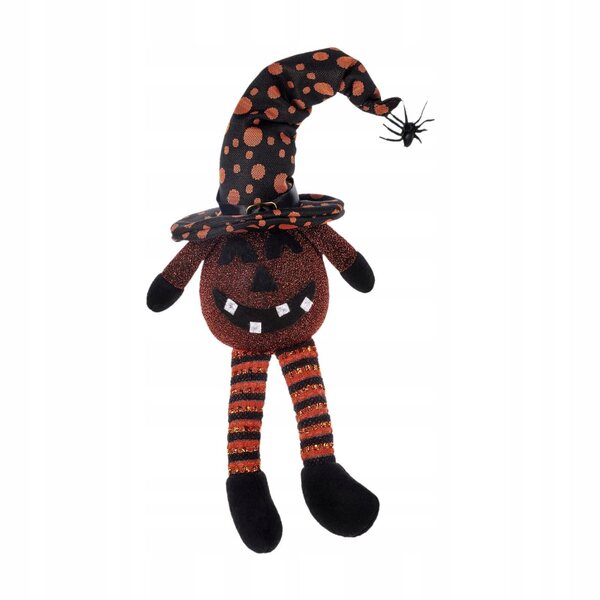 Dekorative Kürbispuppe mit Hexenhut und lächelnder Lampe für Halloween