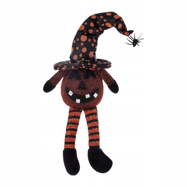 Dekorative Kürbispuppe mit Hexenhut und lächelnder Lampe für Halloween