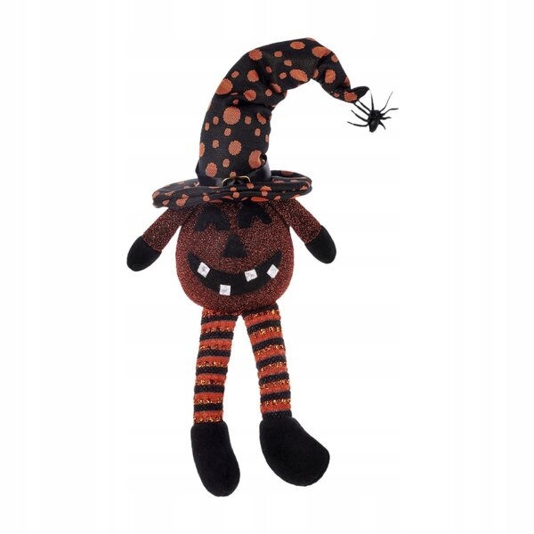 Dekorative Kürbispuppe mit Hexenhut und lächelnder Lampe für Halloween