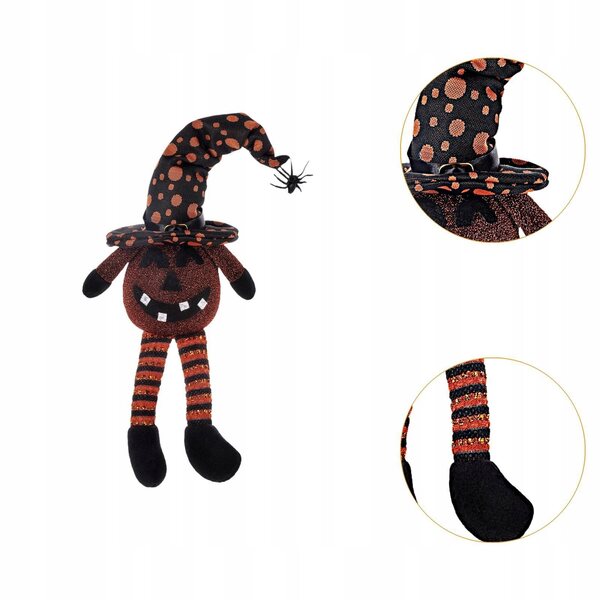 Dekorative Kürbispuppe mit Hexenhut und lächelnder Lampe für Halloween
