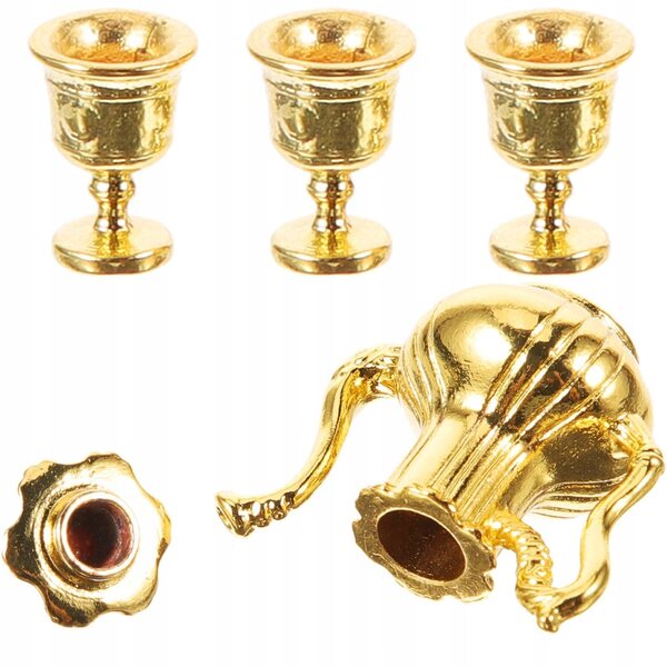 Miniatur-Gold-Teeservice aus Metall mit Wasserkocher und Tassen für das Puppenhaus
