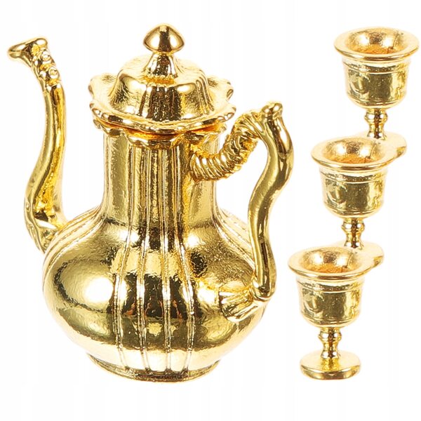 Miniature guld tesæt i metal med kedel og kopper til dukkehus