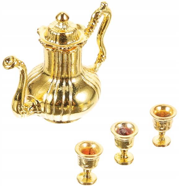 Miniature guld tesæt i metal med kedel og kopper til dukkehus