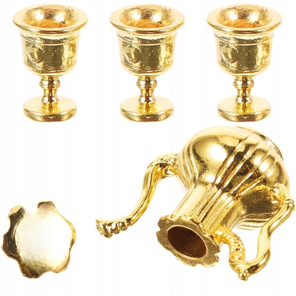 Miniature guld tesæt i metal med kedel og kopper til dukkehus