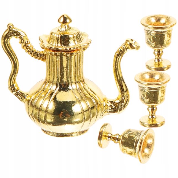 Miniature guld tesæt i metal med kedel og kopper til dukkehus