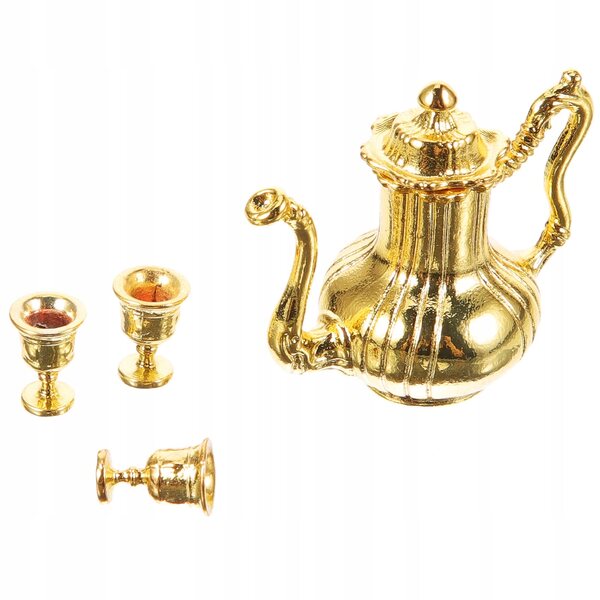 Miniature guld tesæt i metal med kedel og kopper til dukkehus