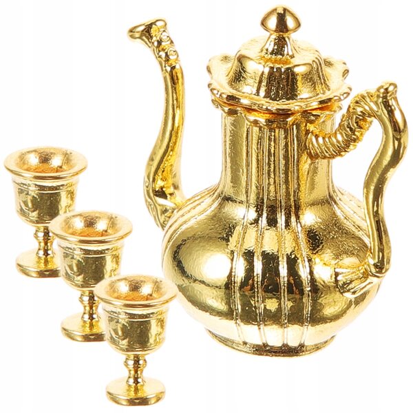 Miniature guld tesæt i metal med kedel og kopper til dukkehus