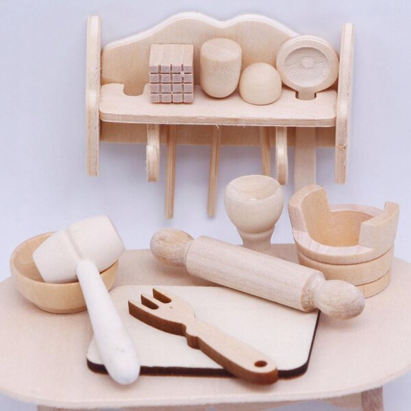 11-teiliges Bäckerei-Miniatur-Set aus Holz für Puppenhaus im Maßstab 1:12