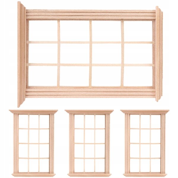 4 Mini-Fenster aus beigem Holz für Puppenhaus, Maßstab 1:12