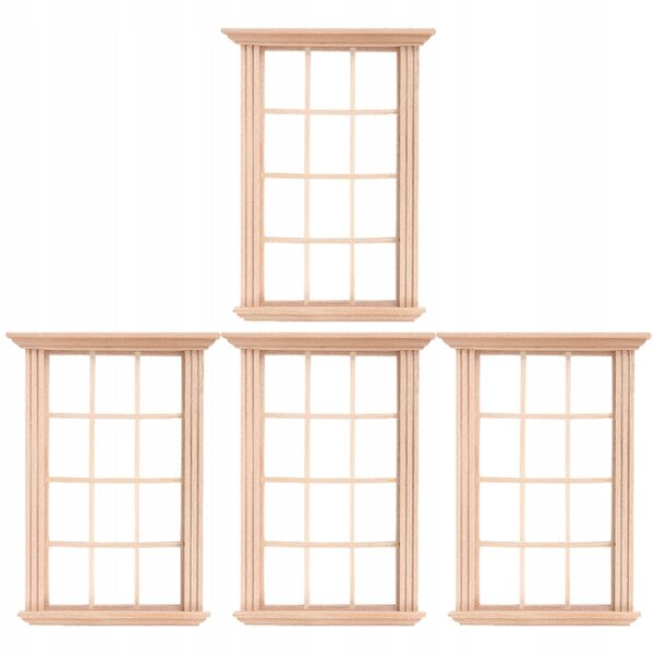 4 Mini-Fenster aus beigem Holz für Puppenhaus, Maßstab 1:12
