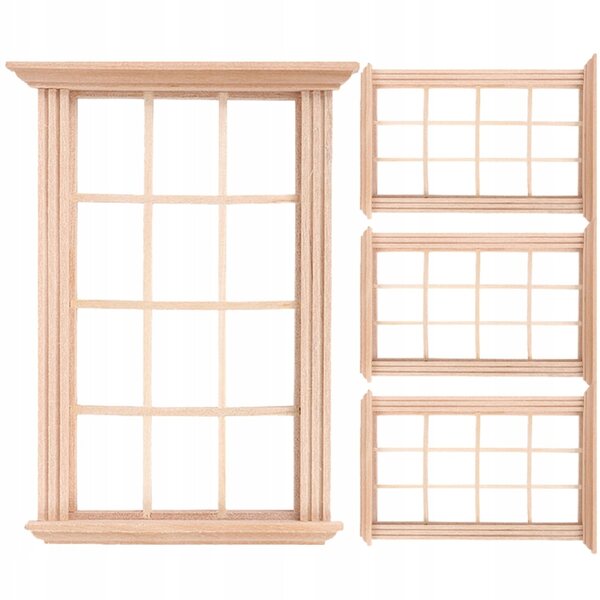 4 Mini-Fenster aus beigem Holz für Puppenhaus, Maßstab 1:12
