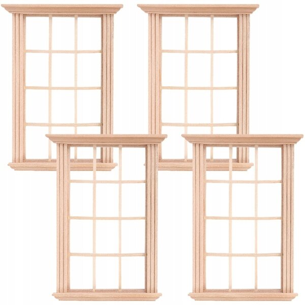 4 Mini-Fenster aus beigem Holz für Puppenhaus, Maßstab 1:12