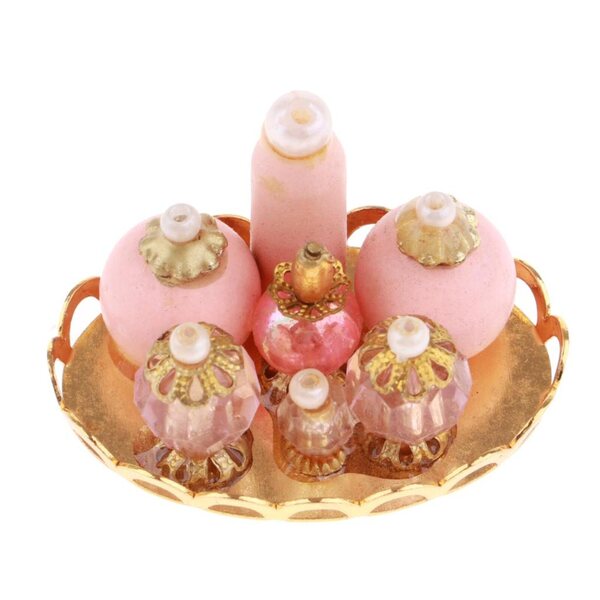Miniature Bottiglie Profumo Rosa per Bambole 1:12 Set Decorativo in Legno