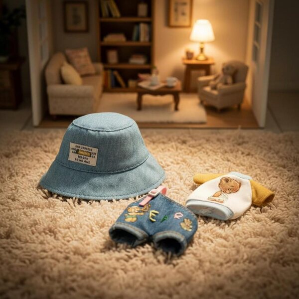 Set mit 3 Puppen-Outfits mit lässigem Jeans-Fischerhut von Predolo
