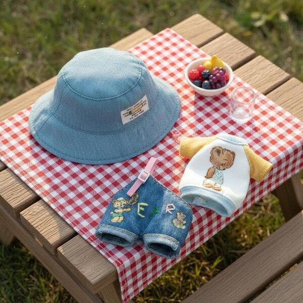 Set mit 3 Puppen-Outfits mit lässigem Jeans-Fischerhut von Predolo