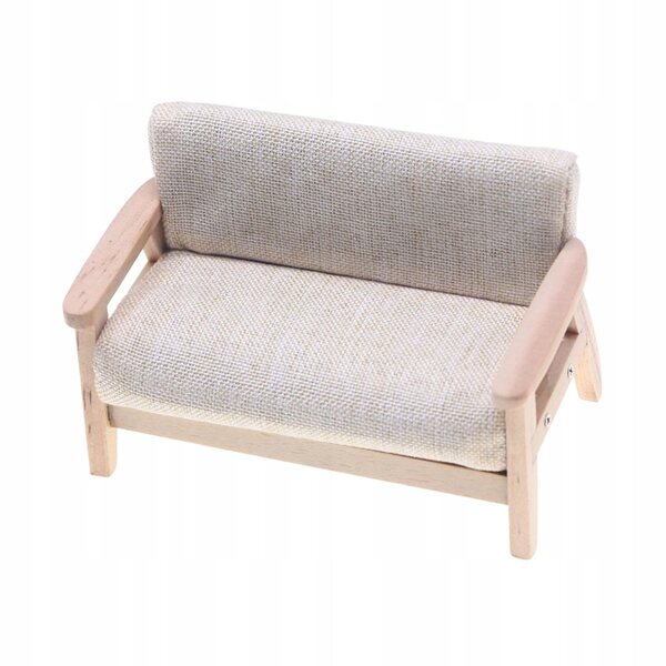 Sofa Miniatura 1:12 per Casa delle Bambole, Tessuto Beige e Legno, Decorazione Realistica