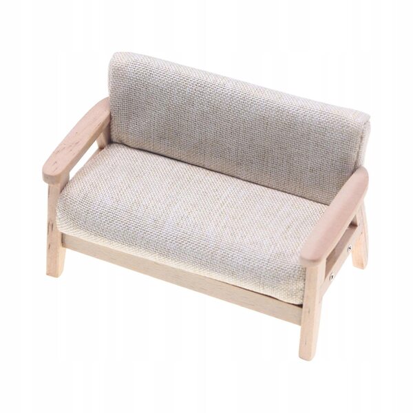 Sofa Miniatura 1:12 per Casa delle Bambole, Tessuto Beige e Legno, Decorazione Realistica
