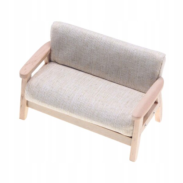 Sofa Miniatura 1:12 per Casa delle Bambole, Tessuto Beige e Legno, Decorazione Realistica