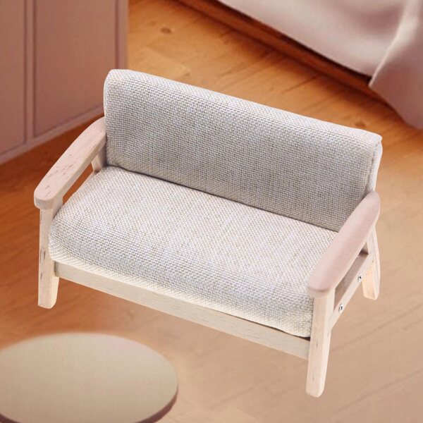 Sofa Miniatura 1:12 per Casa delle Bambole, Tessuto Beige e Legno, Decorazione Realistica