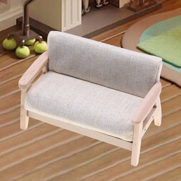 Sofa Miniatura 1:12 per Casa delle Bambole, Tessuto Beige e Legno, Decorazione Realistica