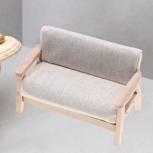 Sofa Miniatura 1:12 per Casa delle Bambole, Tessuto Beige e Legno, Decorazione Realistica