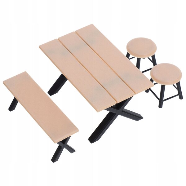 Set 4 Mini Mobili Khaki per Case delle Bambole con Tavolo, Panchina e Sgabelli