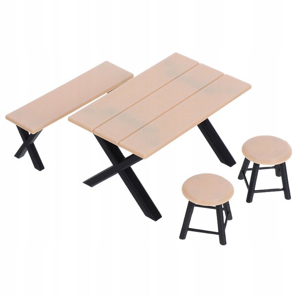 Set 4 Mini Mobili Khaki per Case delle Bambole con Tavolo, Panchina e Sgabelli