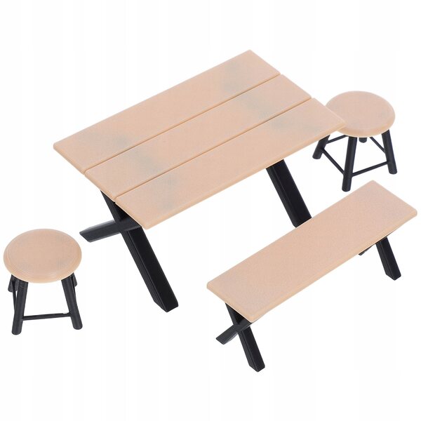Set 4 Mini Mobili Khaki per Case delle Bambole con Tavolo, Panchina e Sgabelli