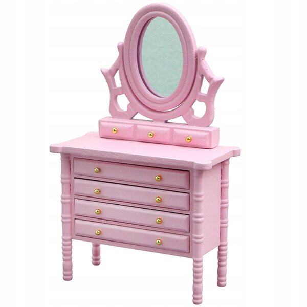Mini toeletta in legno per casa delle bambole con accessori decorativi rosa
