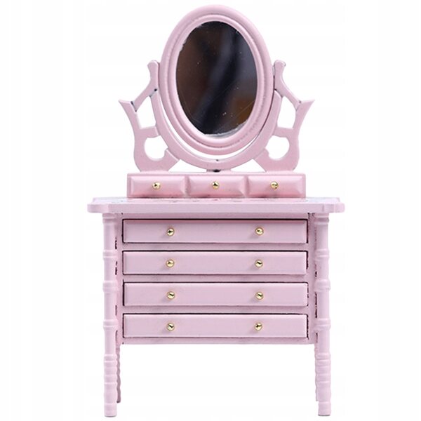 Mini toeletta in legno per casa delle bambole con accessori decorativi rosa