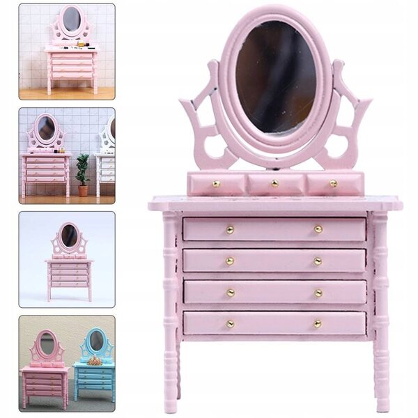 Mini toeletta in legno per casa delle bambole con accessori decorativi rosa