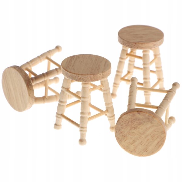 Set di 4 Mini Sgabelli in Legno Khaki per Casa delle Bambole 1:12