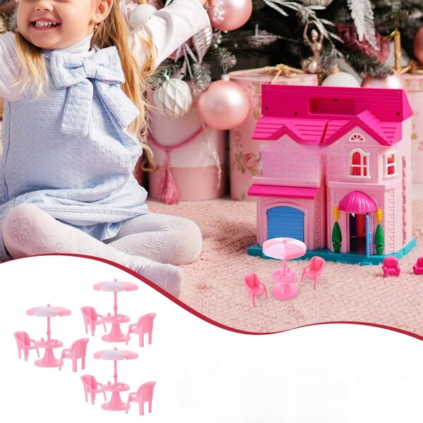 Set 3 Mini Mobili in ABS per Casa delle Bambole - Tavolo, Sedia, Ombrellone