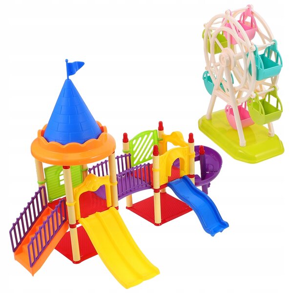 Set 2 Miniature Plazi Giochi con Ruota e Scivolo per Casa delle Bambole