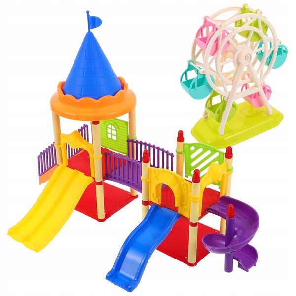 Set 2 Miniature Plazi Giochi con Ruota e Scivolo per Casa delle Bambole